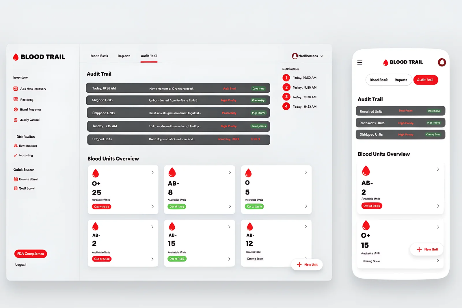 Blood Product Tracking — FDA-compliant lab dashboard with blood inventory and audit trail